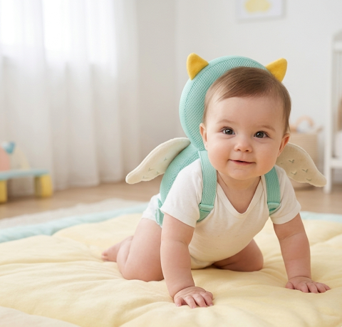 Coussin protège-tête bébé porté par un bébé pendant l'apprentissage de la marche
