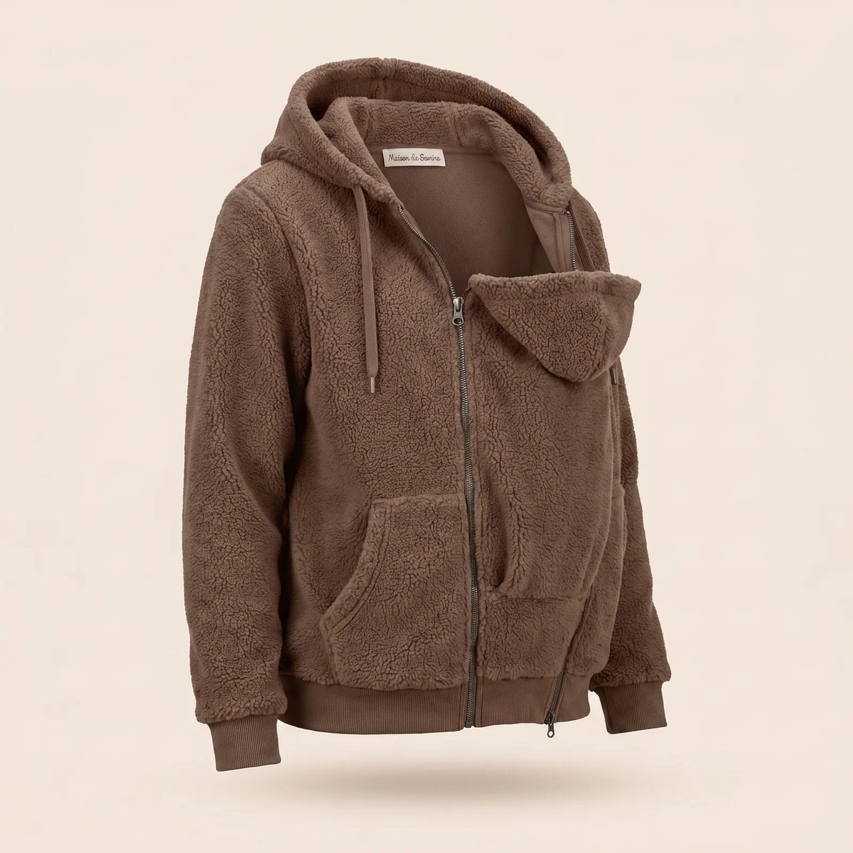 Manteau polaire de portage MamanCosy taupe, vue trois quarts